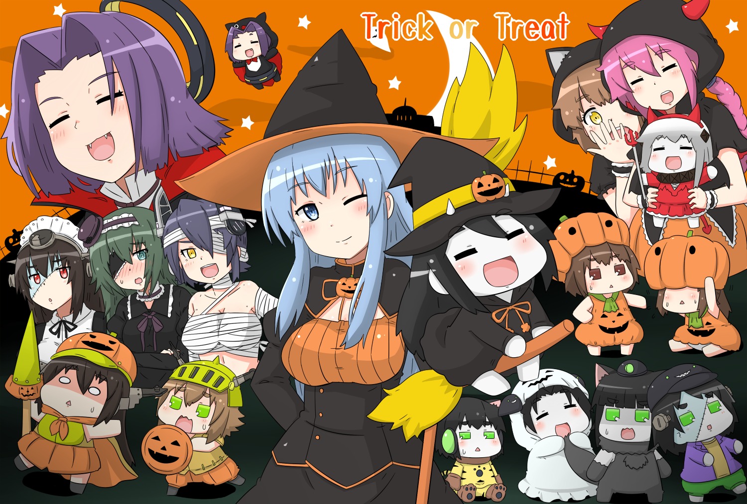 bandages battleship-symbiotic_hime chibi cleavage dress eyepatch female_admiral_(kancolle) halloween hyuuga_(kancolle) i-class_destroyer ise_(kancolle) kantai_collection kiso_(kancolle) maid mutsu_(kancolle) nagato_(kancolle) nenohi_(kancolle) northern_ocean_hime pantsu puchimasu! ro-class tatsuta_(kancolle) tenryuu_(kancolle) weapon witch yukikaze_(kancolle) yuureidoushi