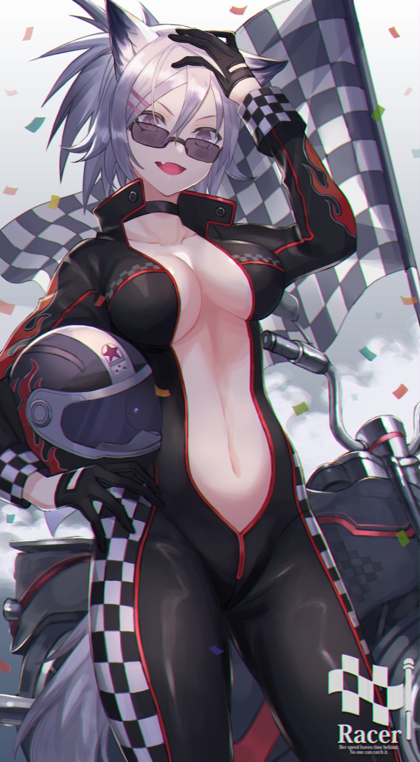 amahara_subaru animal_ears bodysuit megane no_bra open_shirt tail