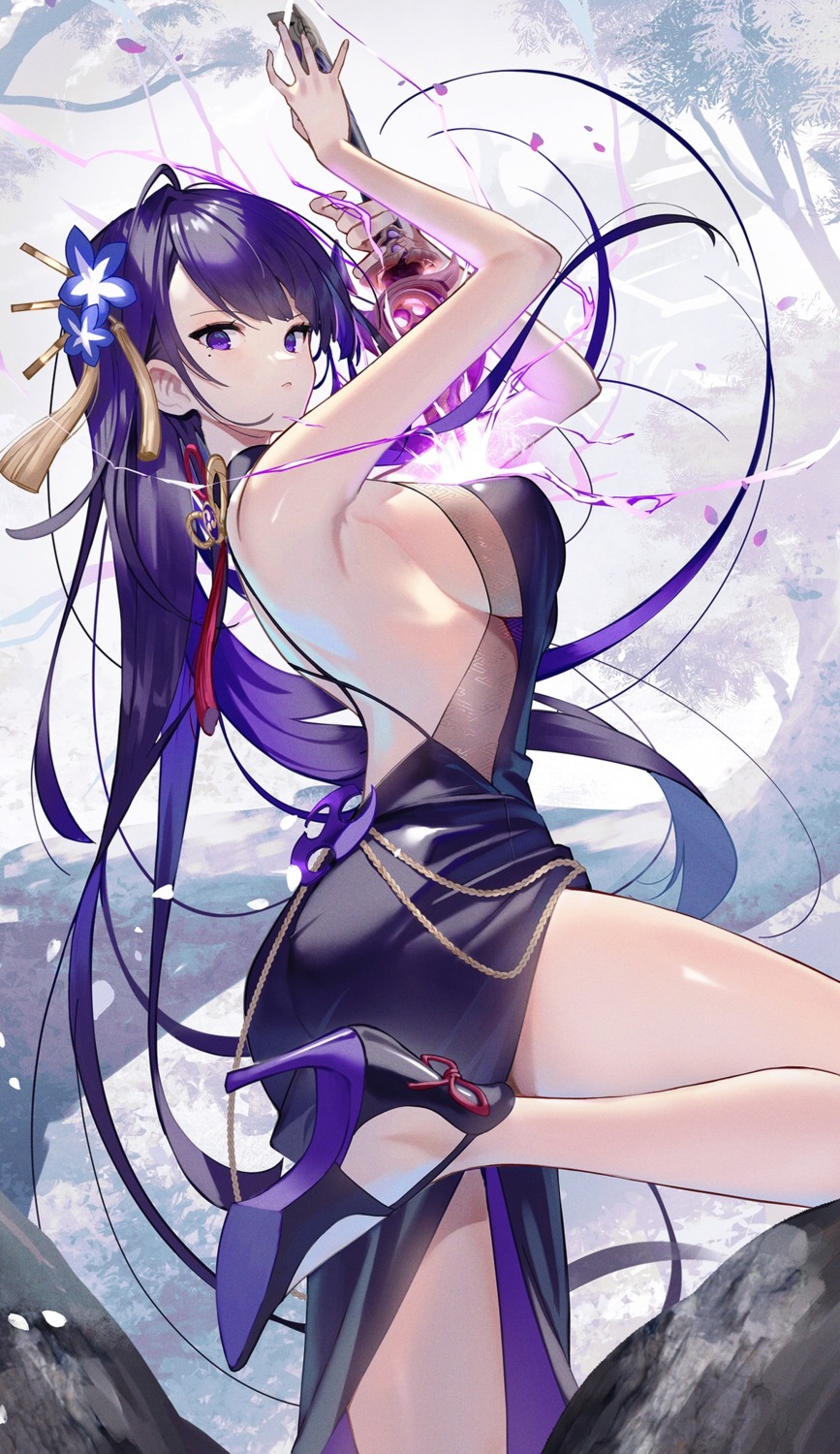 ass dress genshin_impact heels no_bra raiden_shogun scottie see_through sword