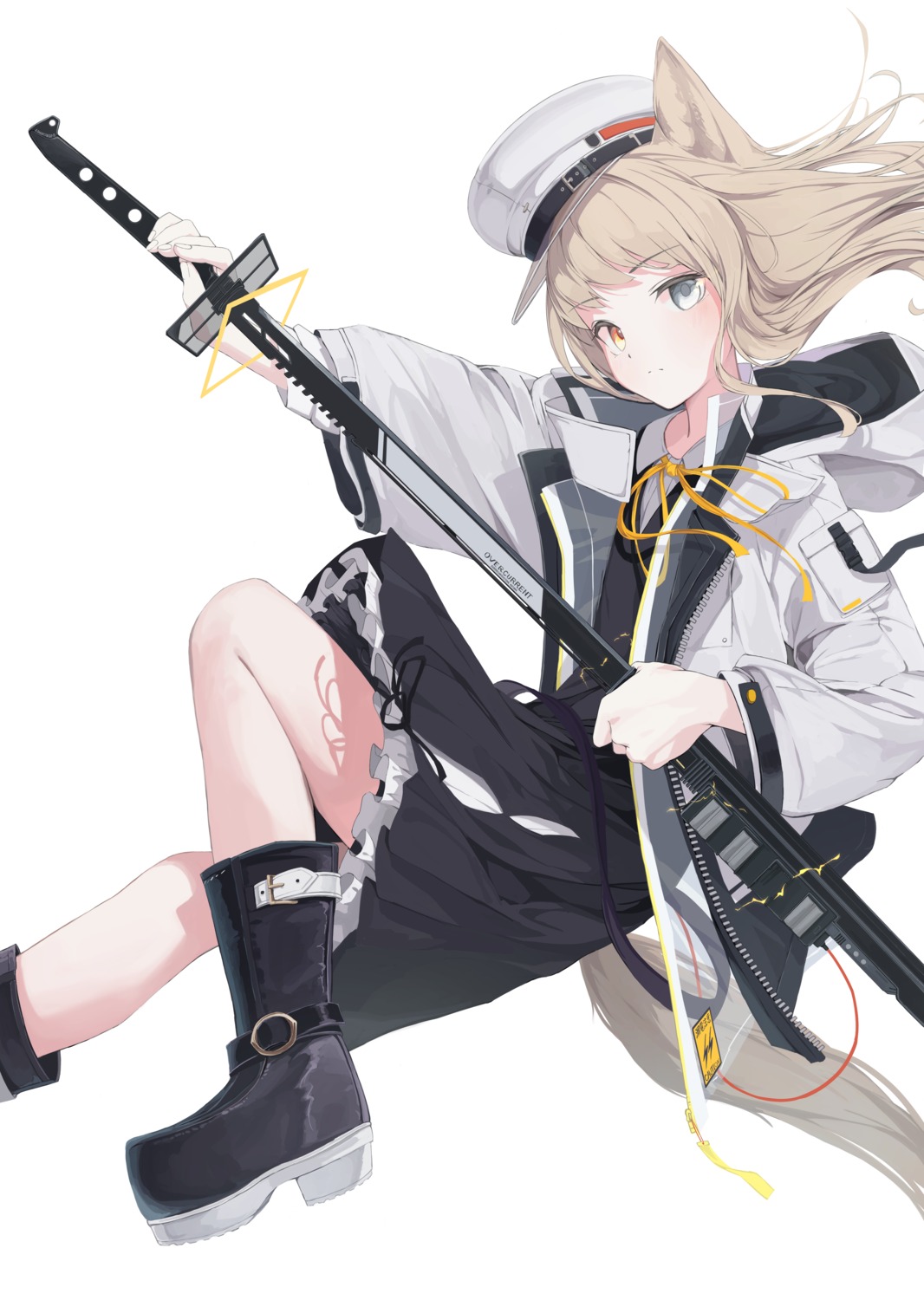 animal_ears heterochromia mikisai skirt_lift sword tail uniform