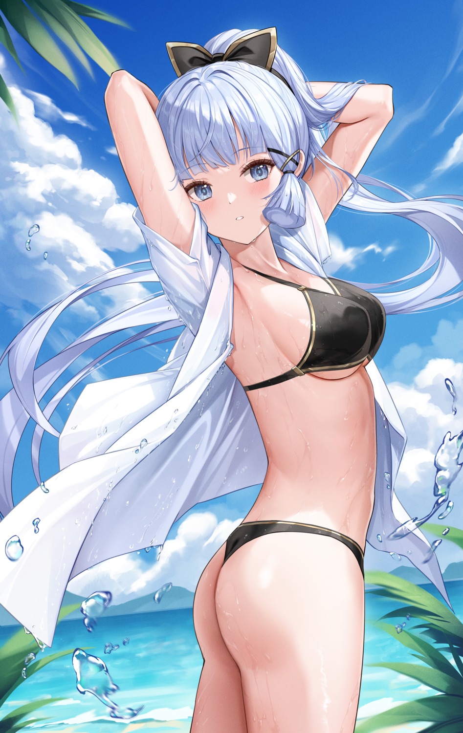 ass bikini genshin_impact kamisato_ayaka lunacle open_shirt swimsuits thong wet wet_clothes