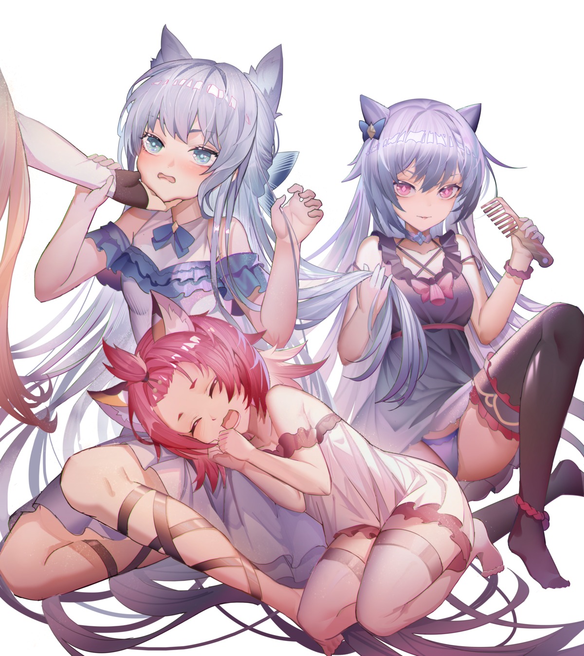 animal_ears arknights crossover diona dress genshin_impact jinjide_shaonian keqing nekomimi pantsu rosmontis_(arknights) skirt_lift thighhighs