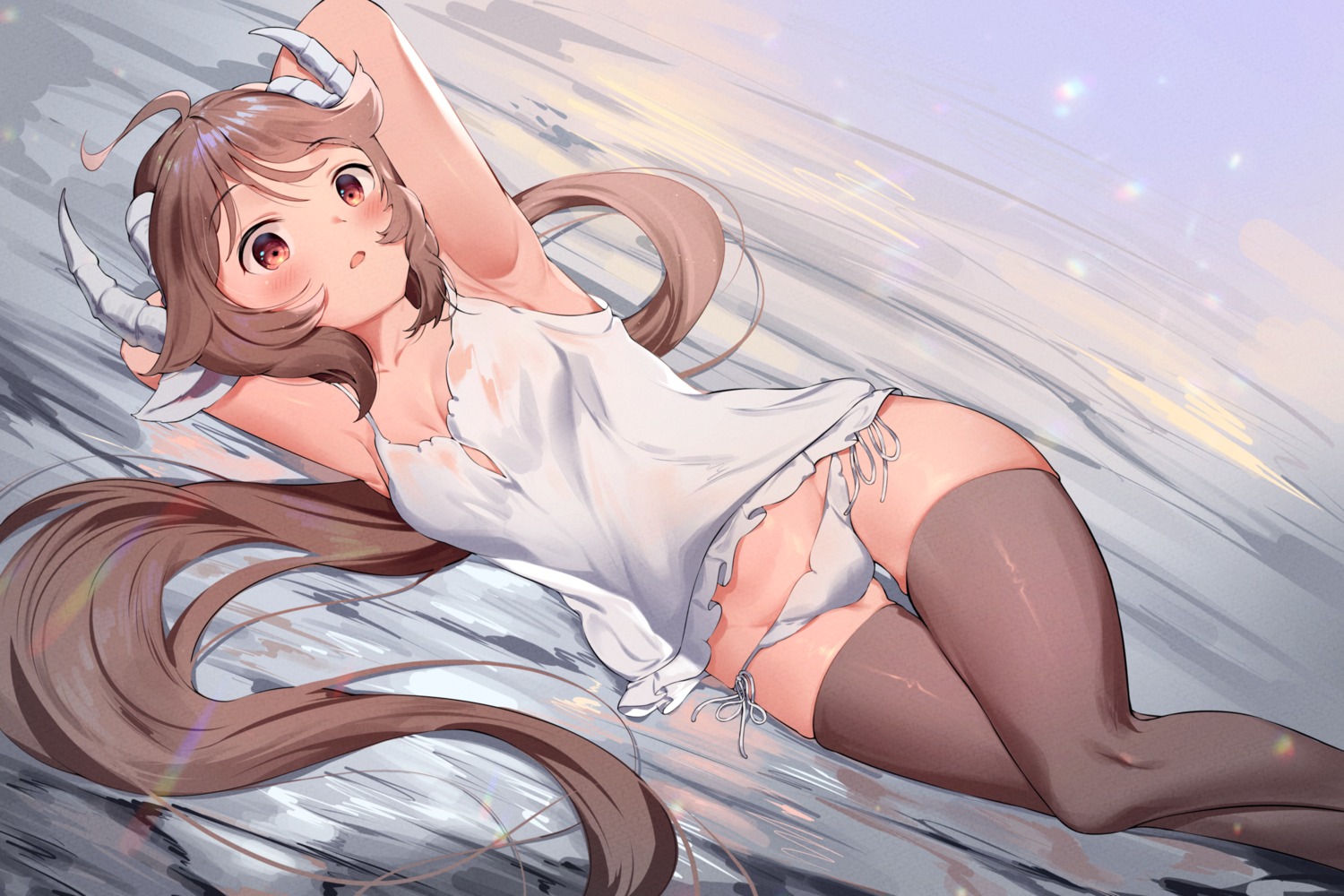 arknights eyjafjalla_(arknights) gappt horns lingerie pantsu see_through string_panties thighhighs