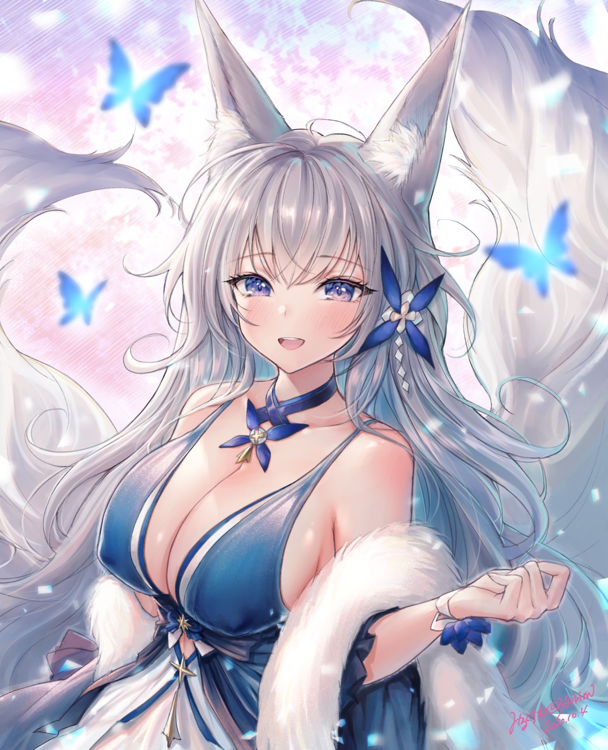 animal_ears azur_lane dress erect_nipples kitsune mii@chiffonx mirukurim no_bra shinano_(azur_lane) tail