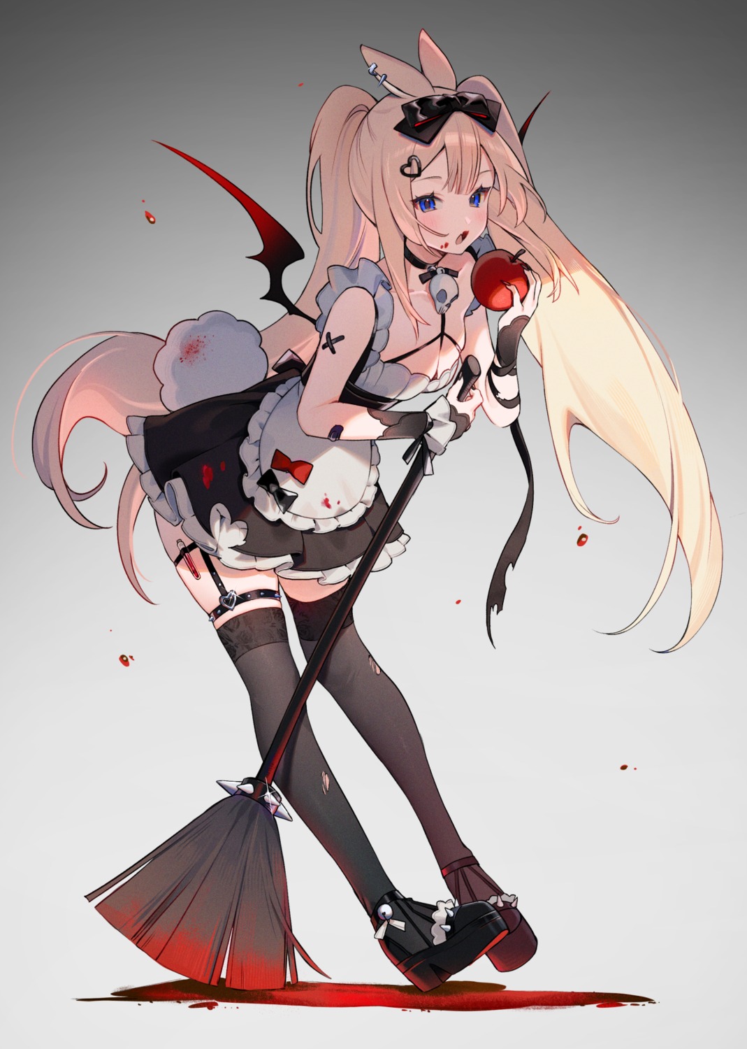 animal_ears bandaid blood bunny_ears garter halloween maid no_bra tail thighhighs torn_clothes wings yenkoes