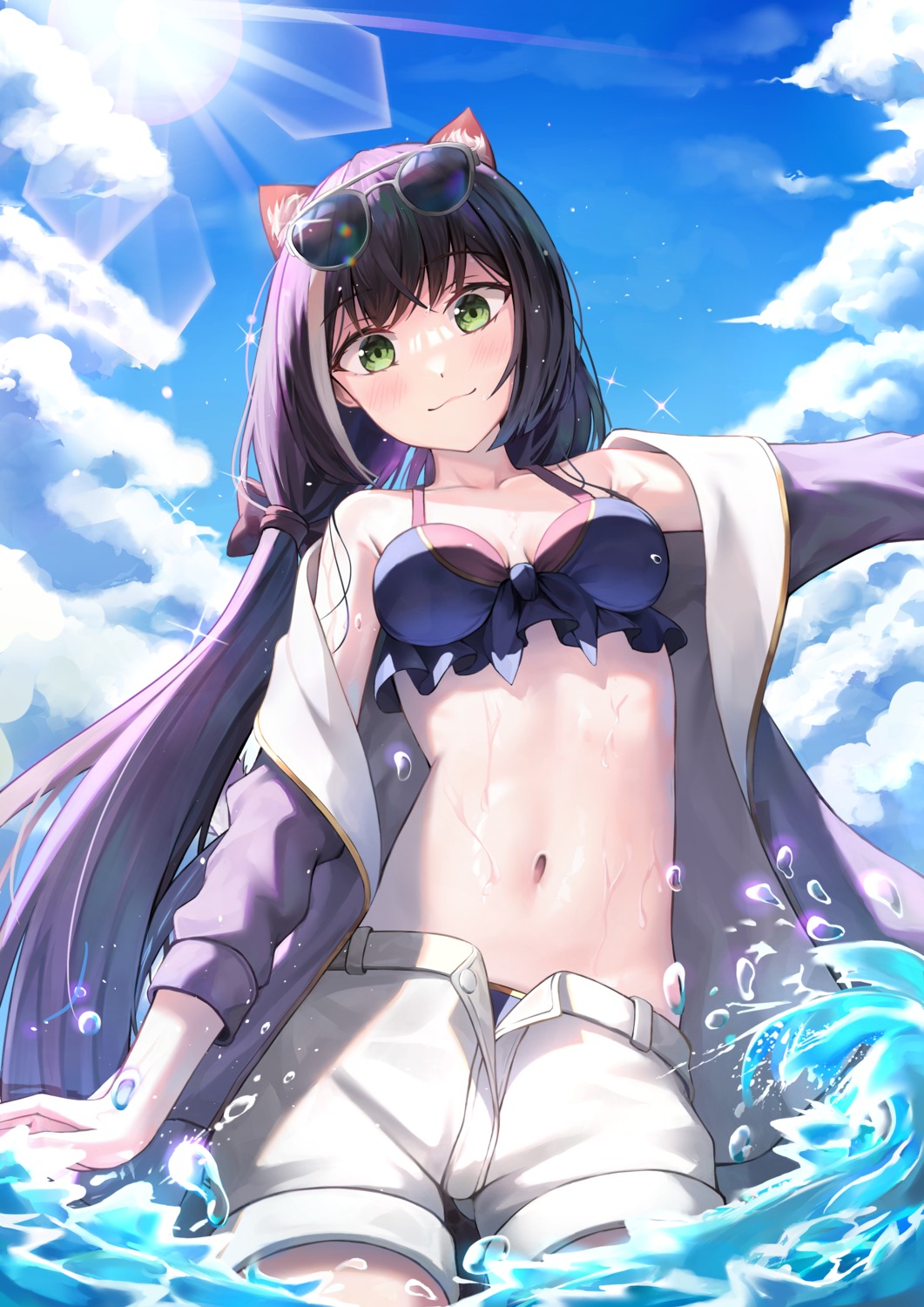 animal_ears bekkuro bikini_top karyl_(princess_connect) megane nekomimi open_shirt princess_connect princess_connect!_re:dive swimsuits wet