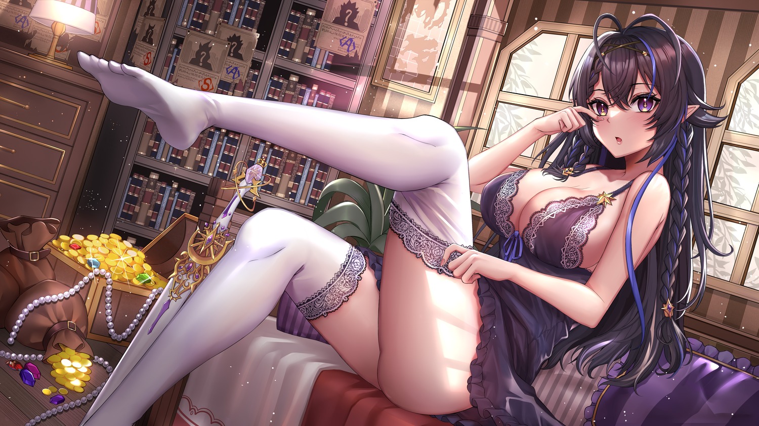 feet indie_virtual_youtuber lingerie pointy_ears thighhighs tsang_yu_chun undressing