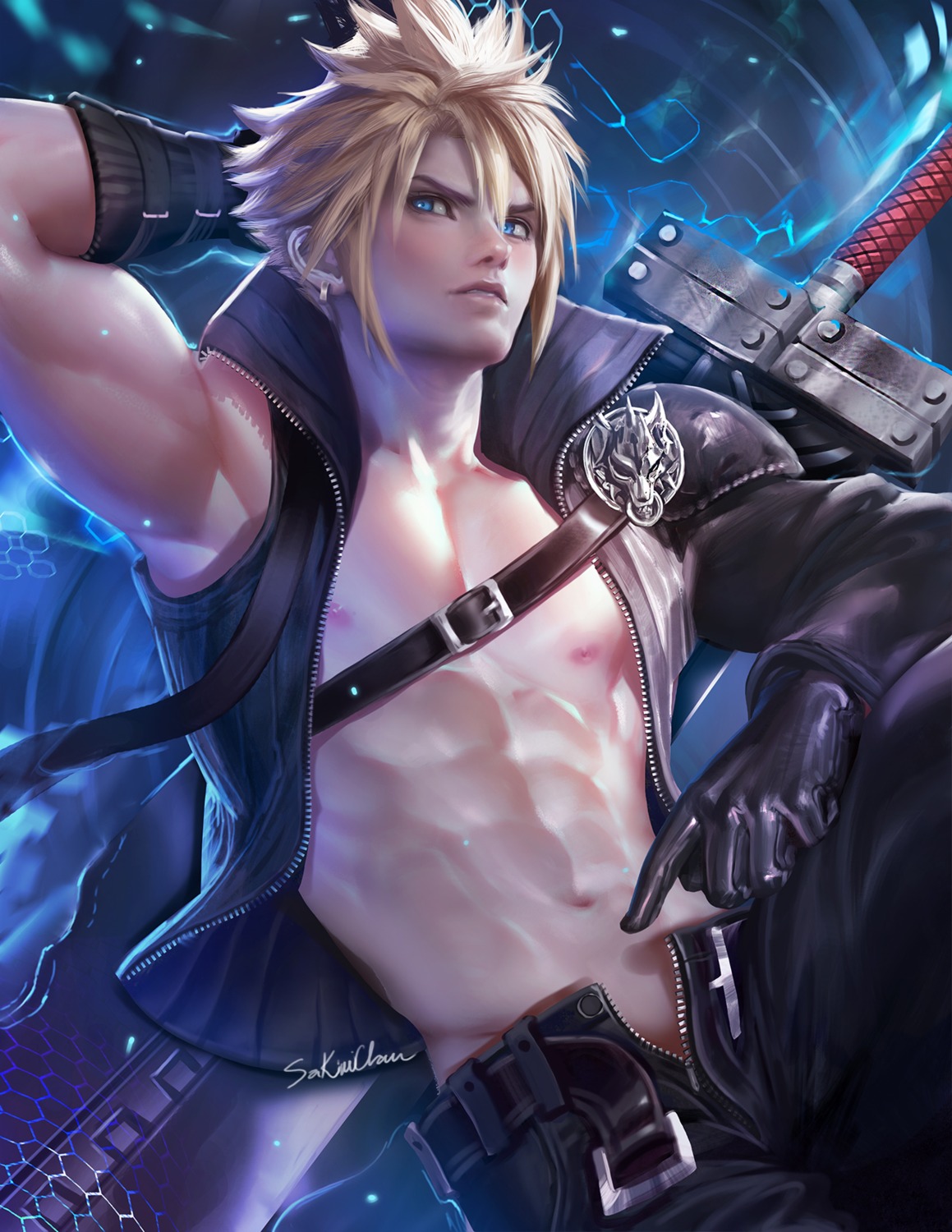 advent_children cloud_strife final_fantasy final_fantasy_vii male nipples open_shirt sakimichan sword