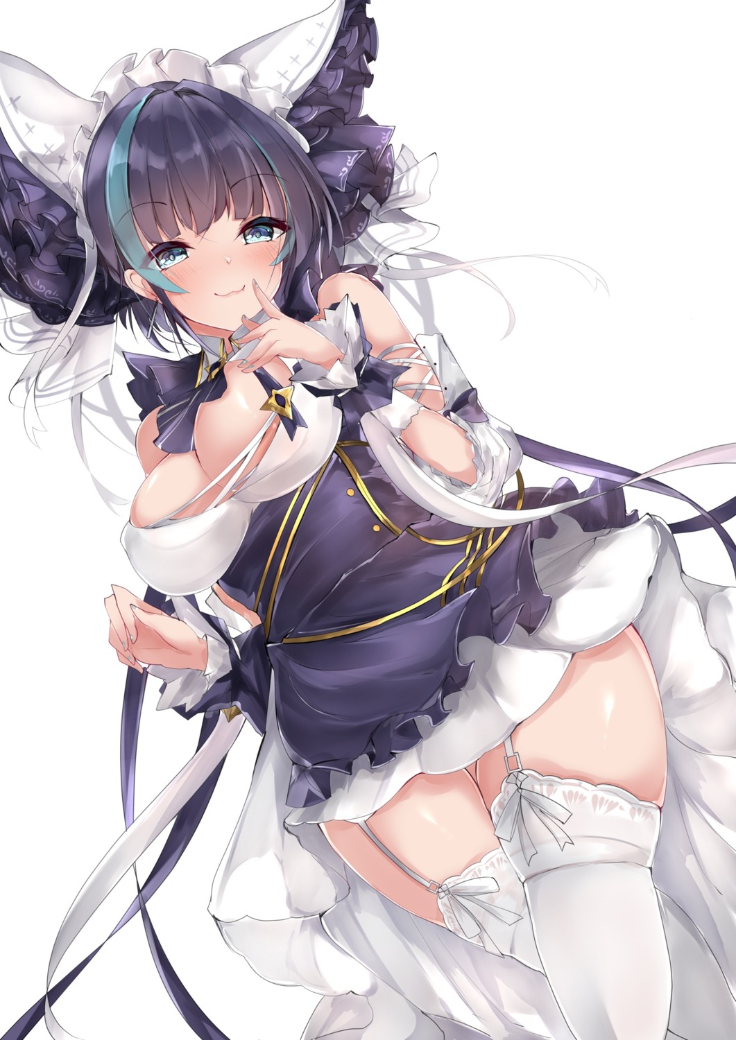 azur_lane cheshire_(azur_lane) cleavage maid mutou_(94753939) no_bra skirt_lift stockings thighhighs