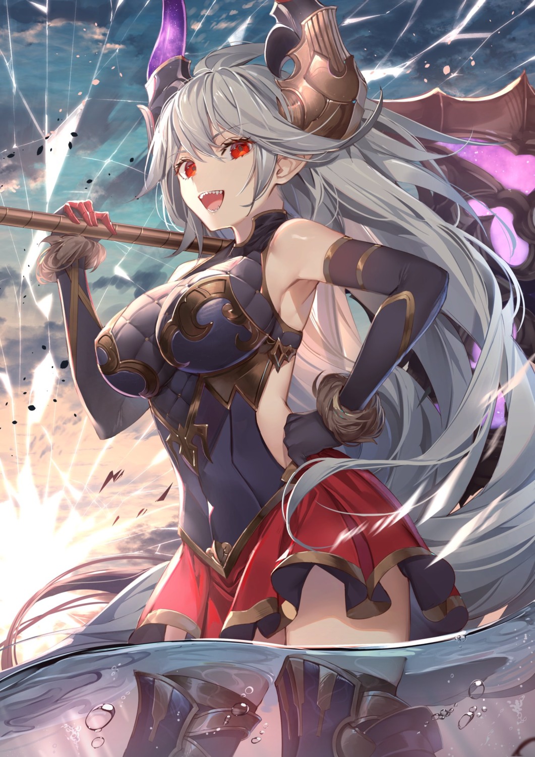 armor granblue_fantasy horns kaerunoko pointy_ears thighhighs threo weapon wet