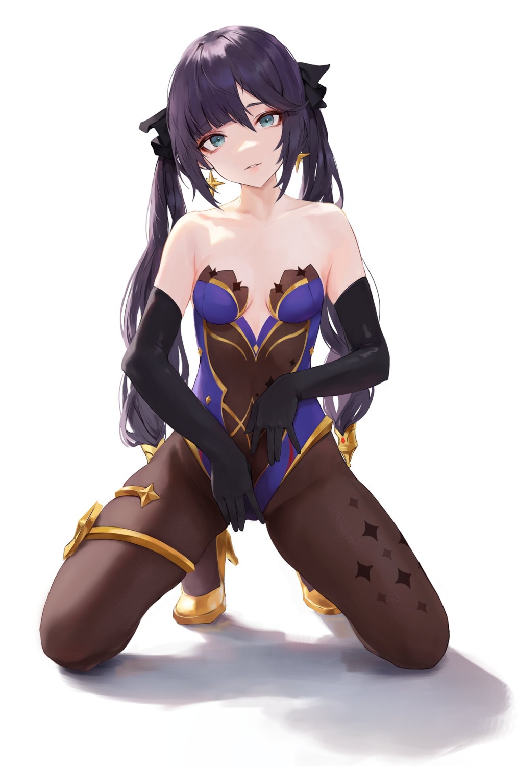 cleavage garter genshin_impact heels hiki_niito leotard mona_megistus no_bra pantyhose