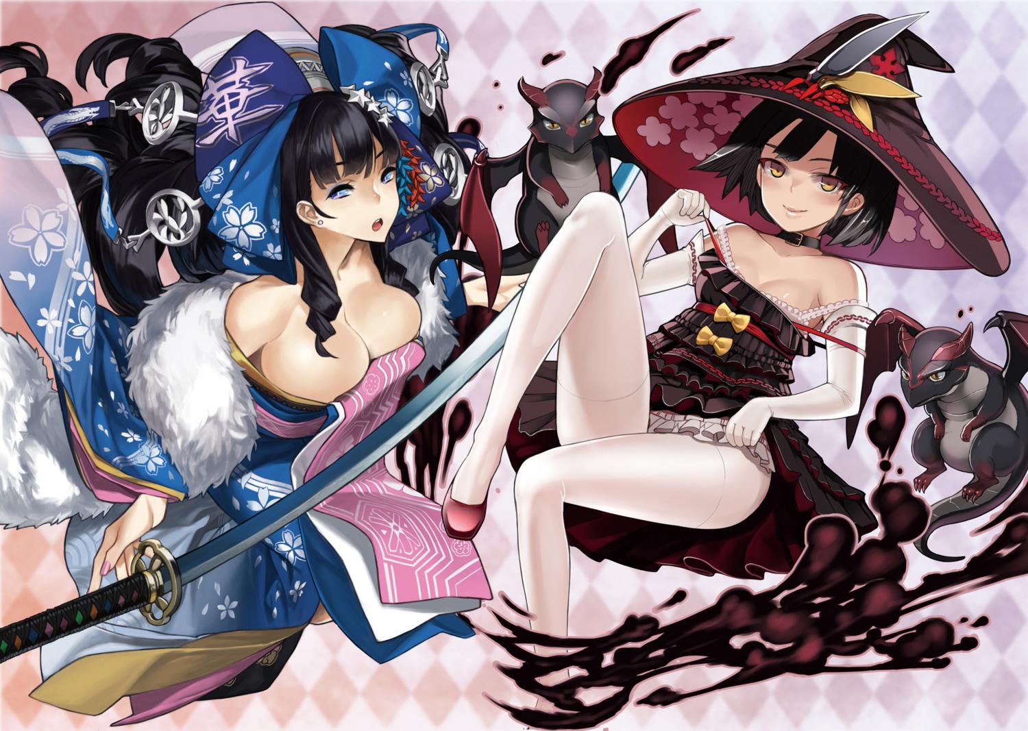 92m cleavage dress gothic_lolita kimono lolita_fashion lord_of_vermilion monster no_bra open_shirt pantyhose sword