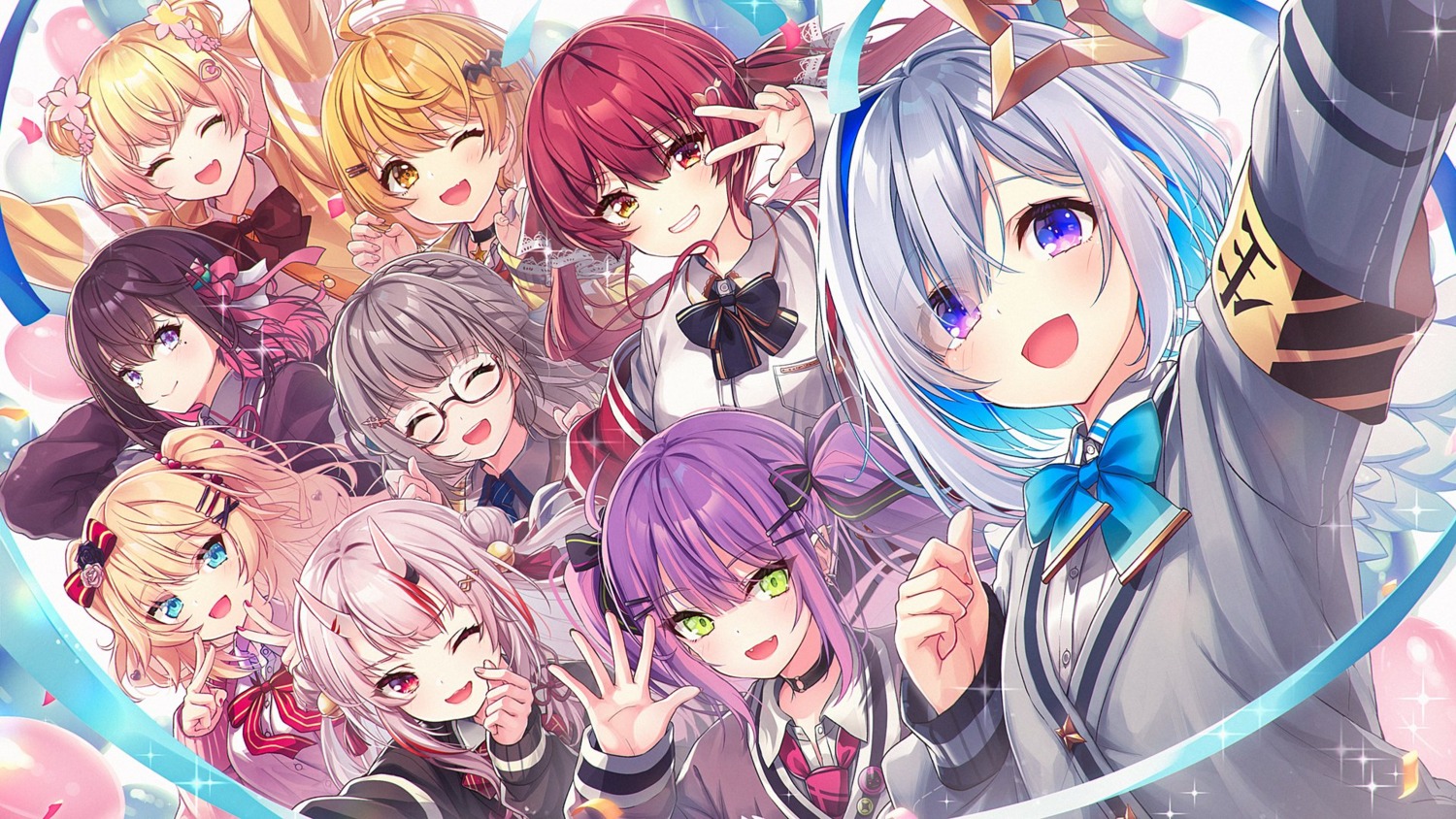 akai_haato amane_kanata angel azki_(hololive) chihiro_ayaka heterochromia hololive horns houshou_marine megane momosuzu_nene nakiri_ayame seifuku selfie shirogane_noel sweater tokoyami_towa wallpaper wings yozora_mel