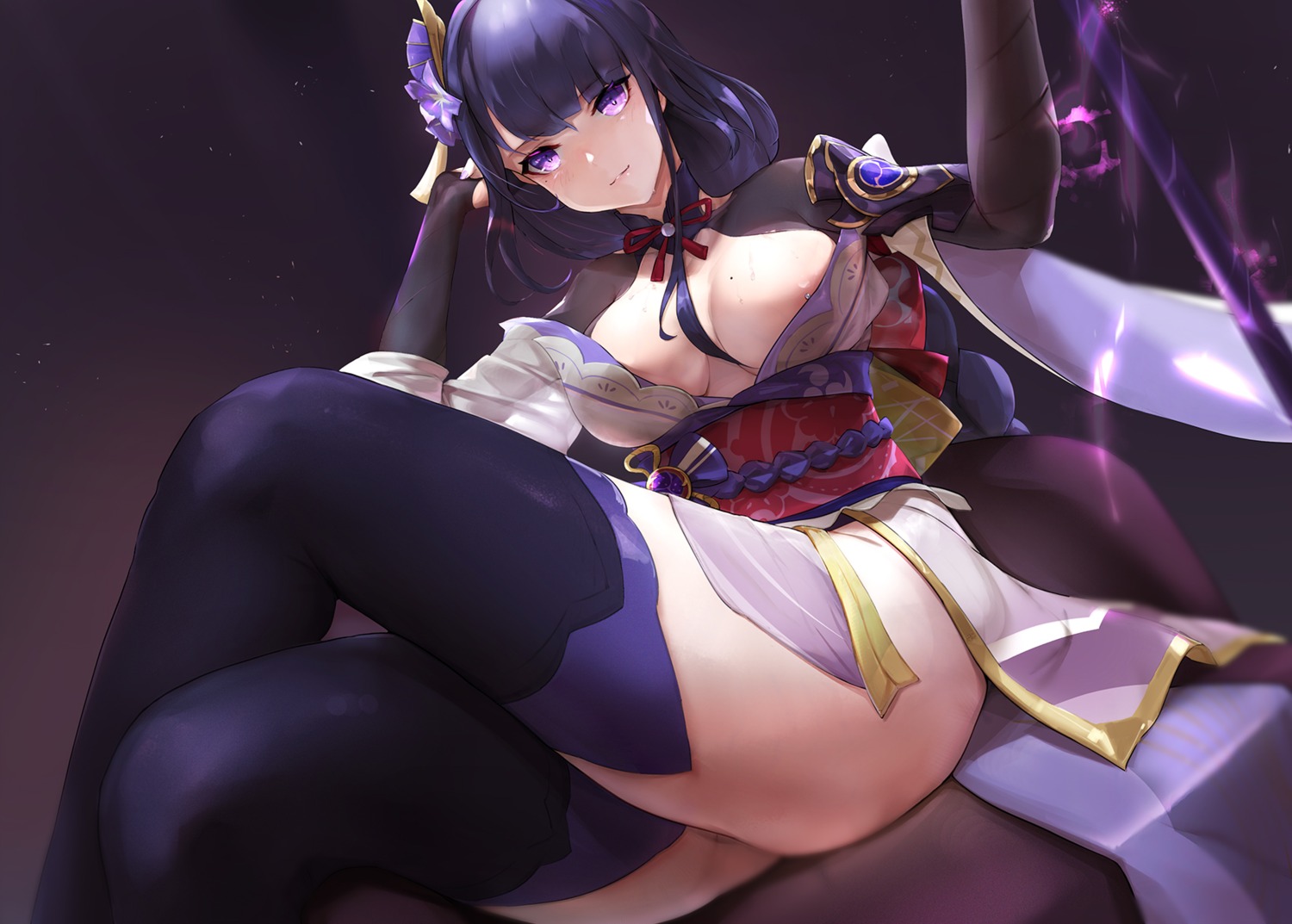 areola armor genshin_impact japanese_clothes no_bra open_shirt raiden_shogun skirt_lift thighhighs tribute_tea weapon wet