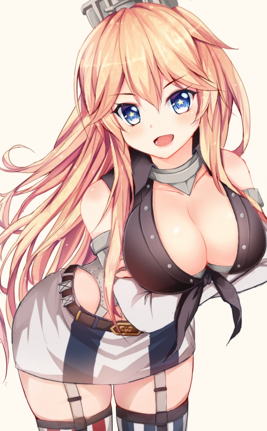bra breast_hold cleavage iowa_(kancolle) kantai_collection open_shirt qunqing stockings thighhighs