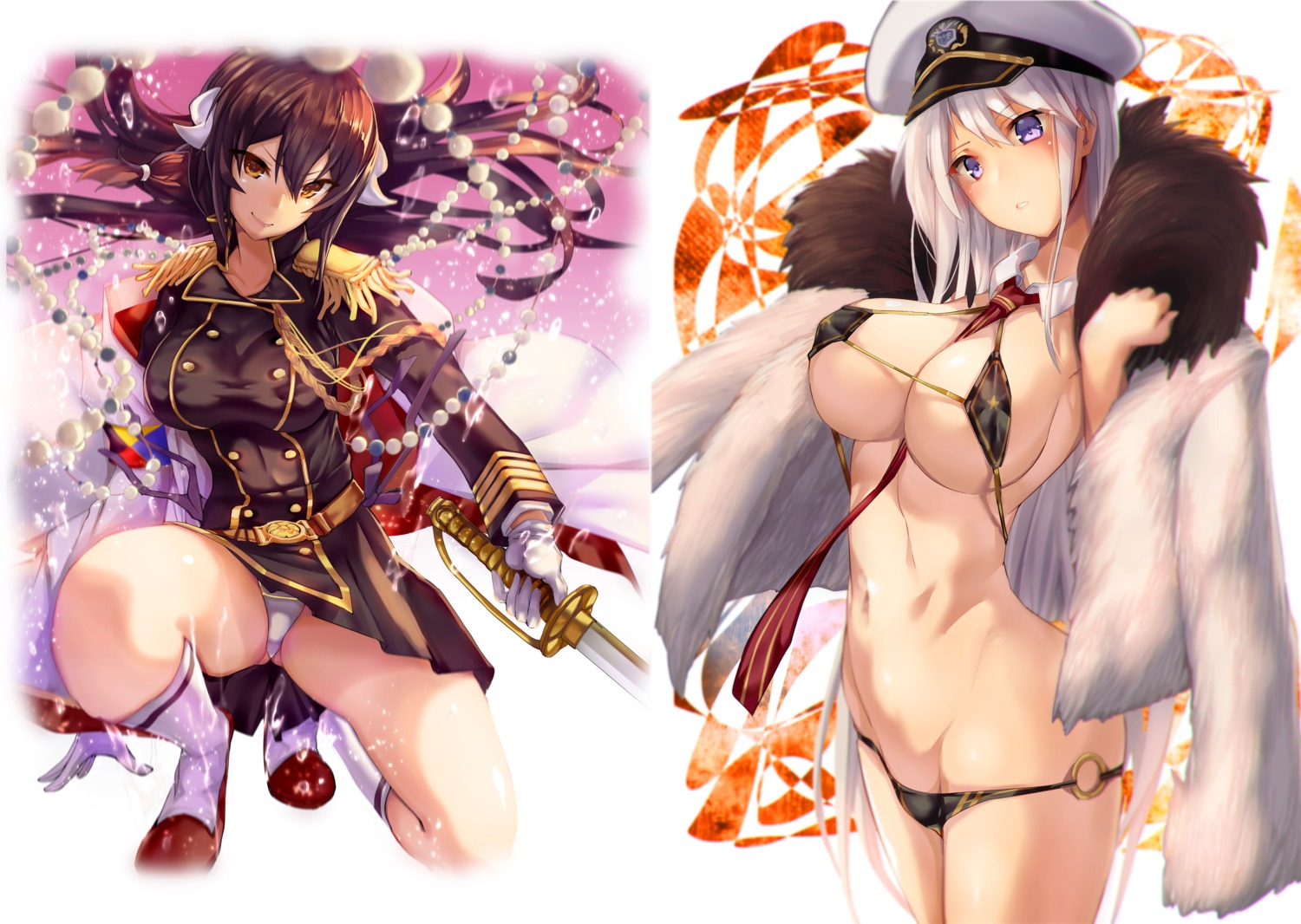 armadillo azur_lane bikini enterprise_(azur_lane) horns mikasa_(azur_lane) pantsu panty_pull renji swimsuits sword uniform