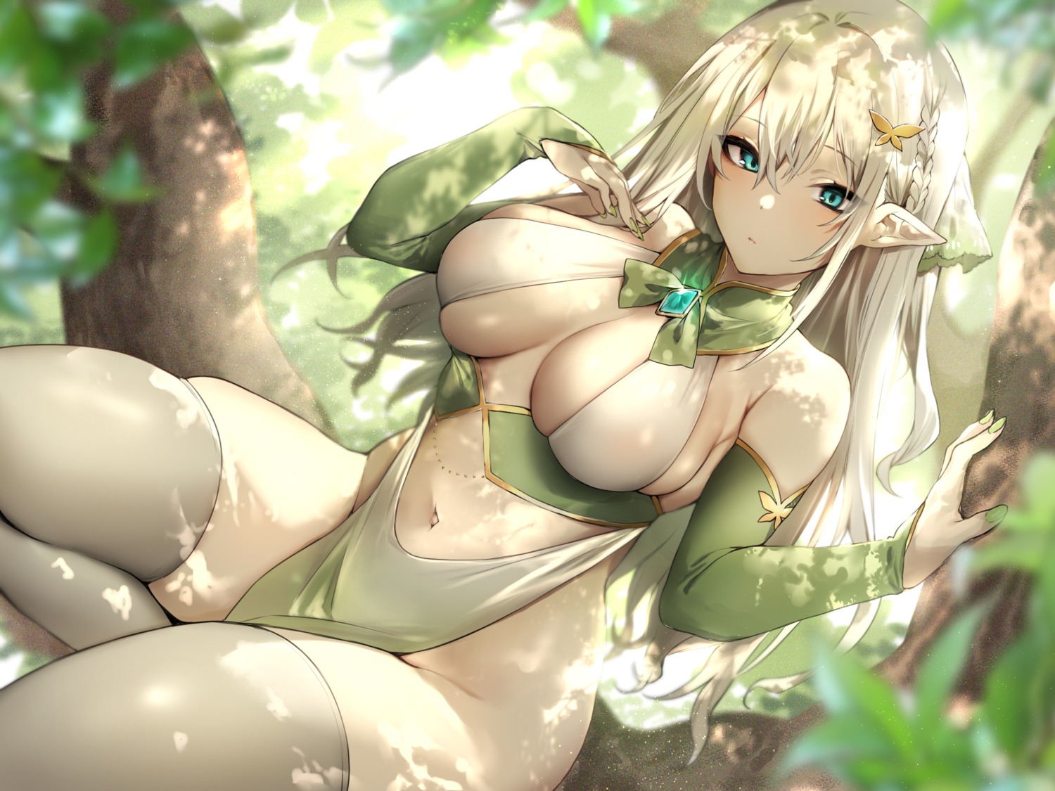 danimaru elf no_bra nopan pointy_ears stockings thighhighs