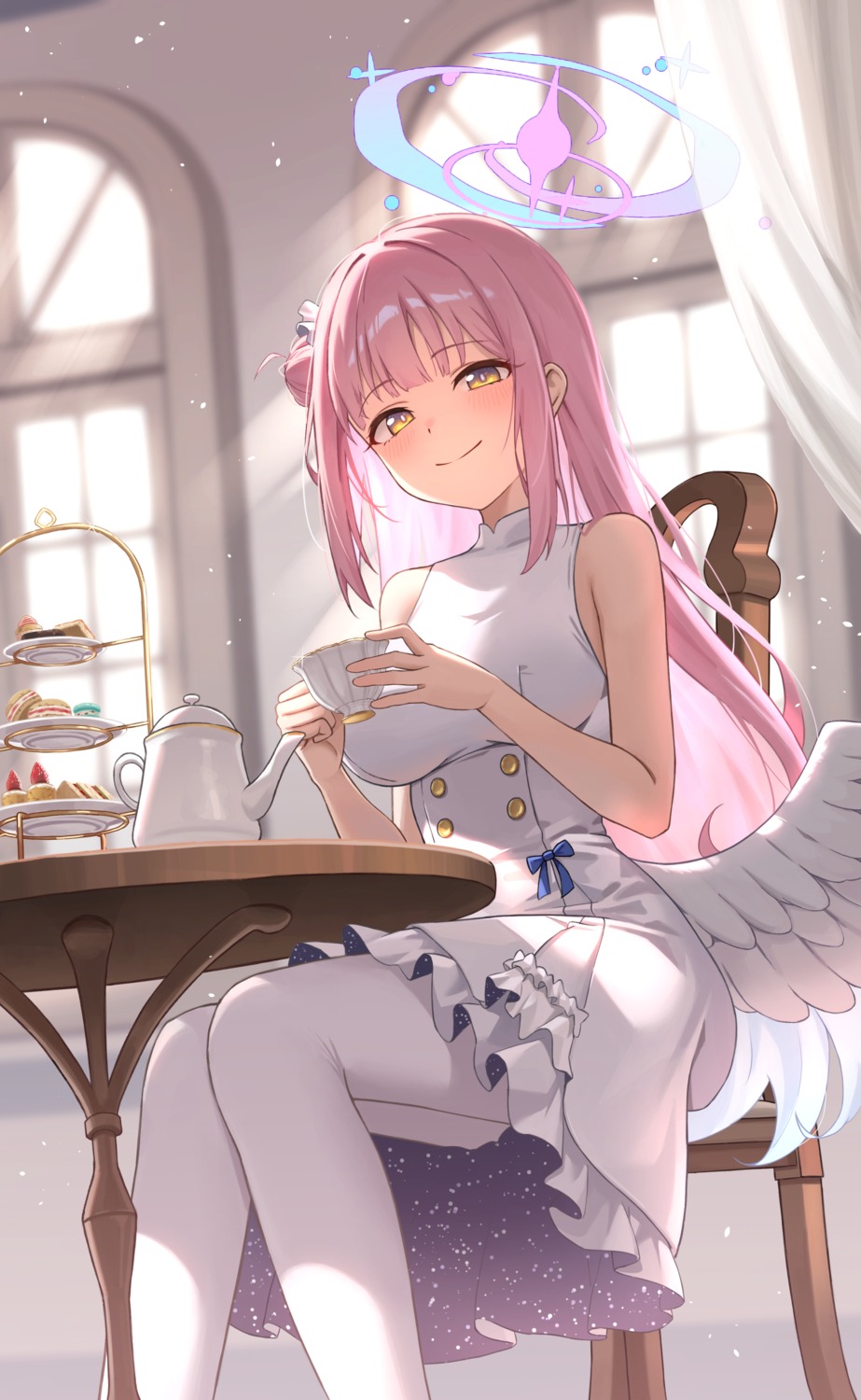 angel blue_archive dress misono_mika no_bra pantyhose skirt_lift wings yj