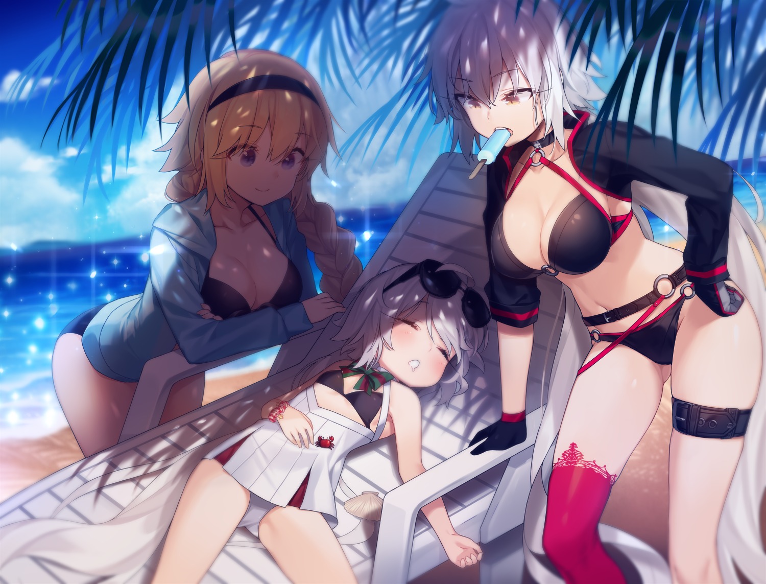 bikini cleavage fate/grand_order garter jeanne_d'arc jeanne_d'arc_(alter)_(fate) jeanne_d'arc_(fate) open_shirt swimsuits takotsu thighhighs