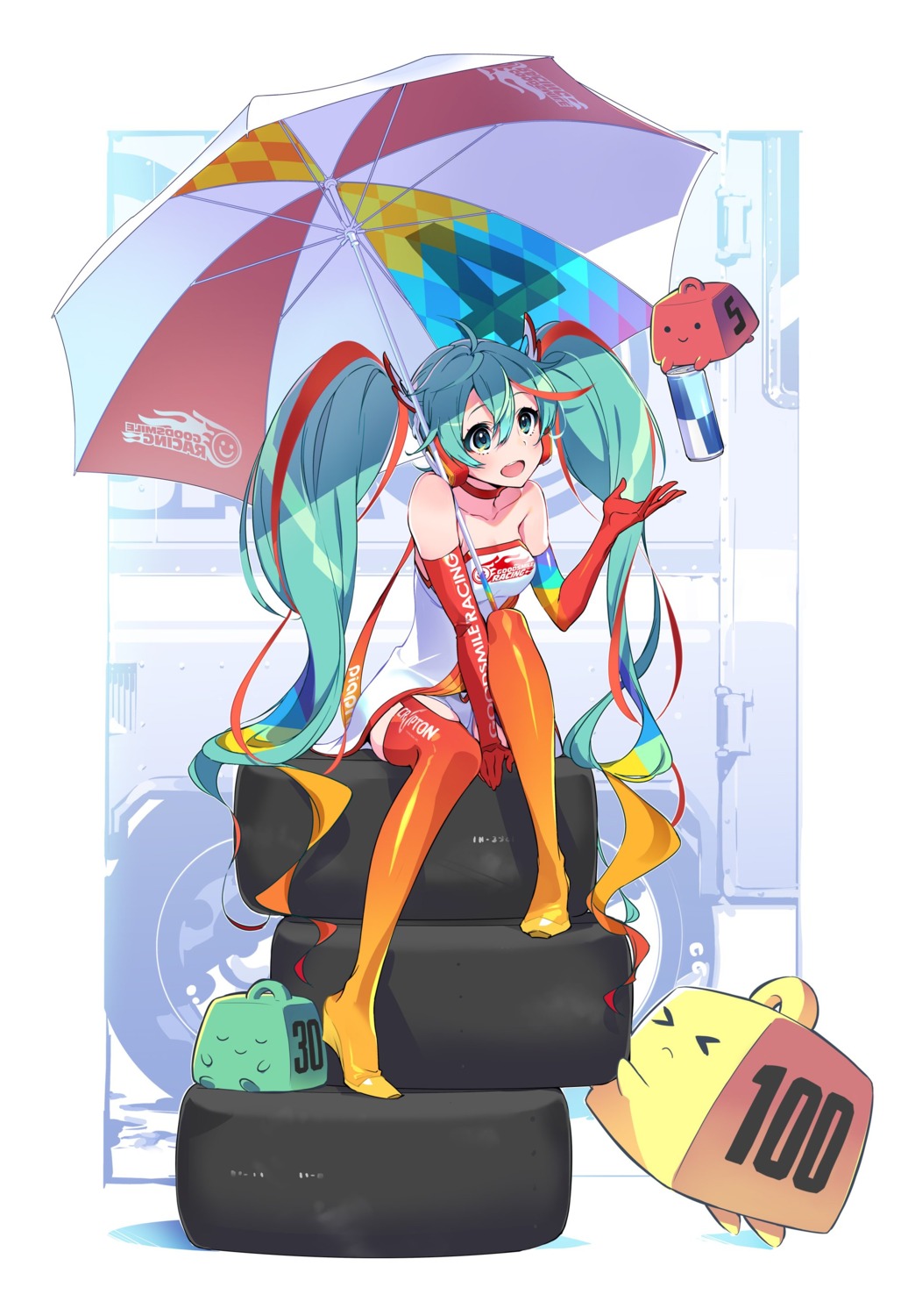 goodsmile_racing hatsune_miku headphones racing_miku stockings thighhighs umbrella vocaloid yoneyama_mai