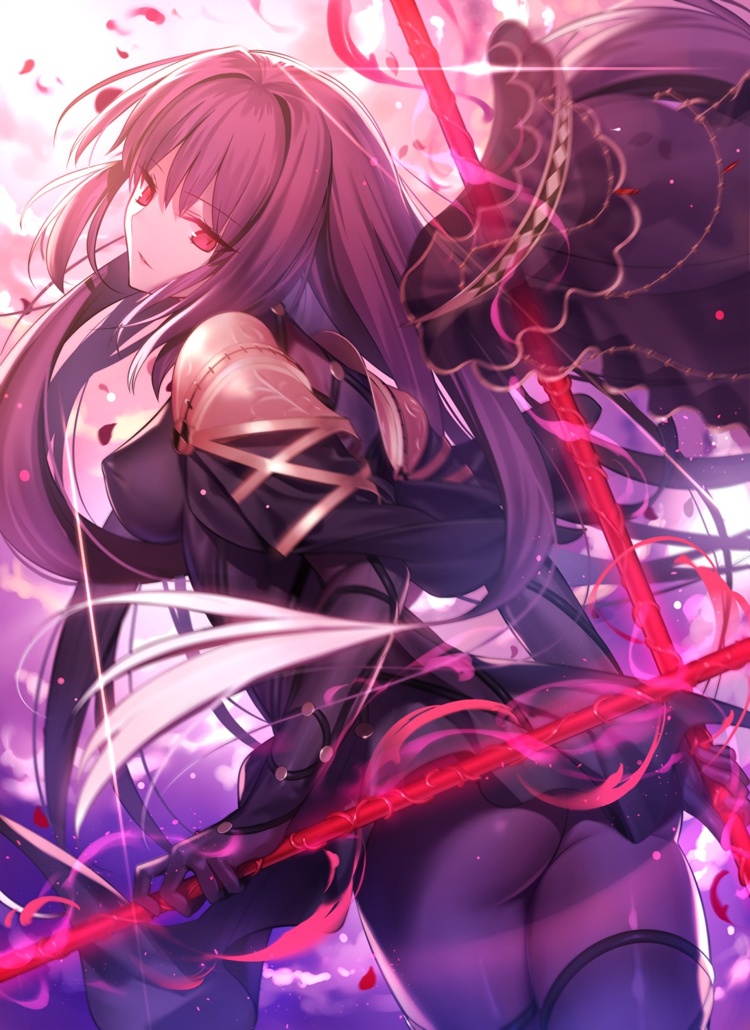 armor ass bodysuit erect_nipples fate/grand_order mashima_saki_(mashimasa) scathach_(fate/grand_order) weapon