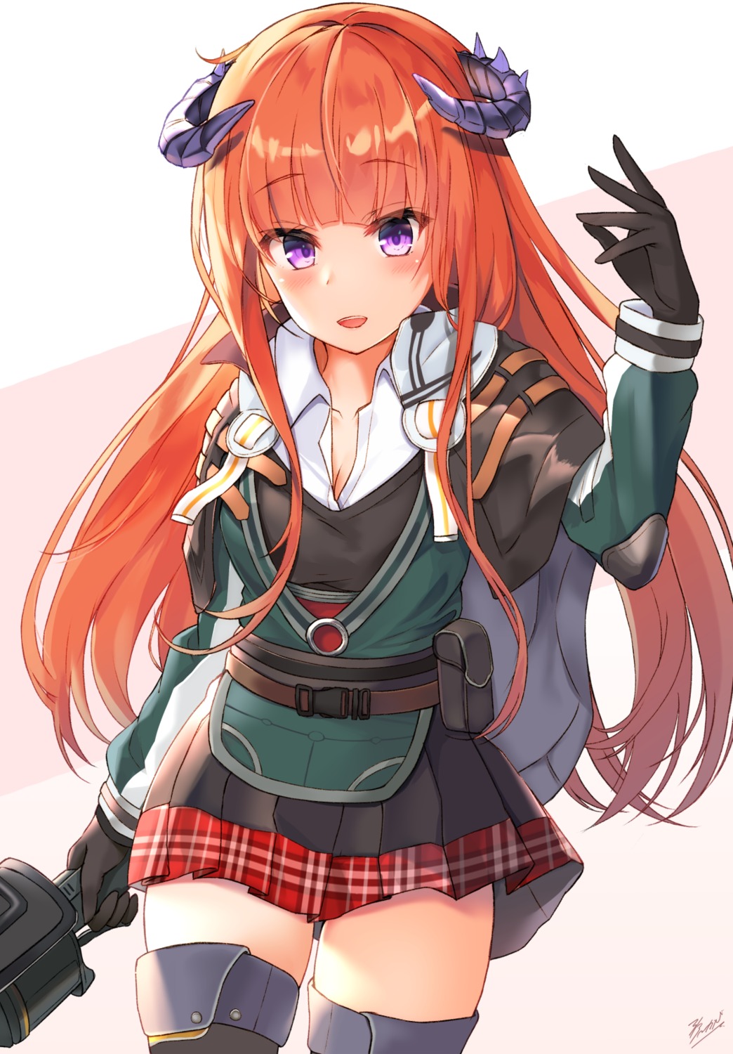 aokabi_(aokabic) arknights armor bagpipe_(arknights) cleavage horns open_shirt seifuku thighhighs