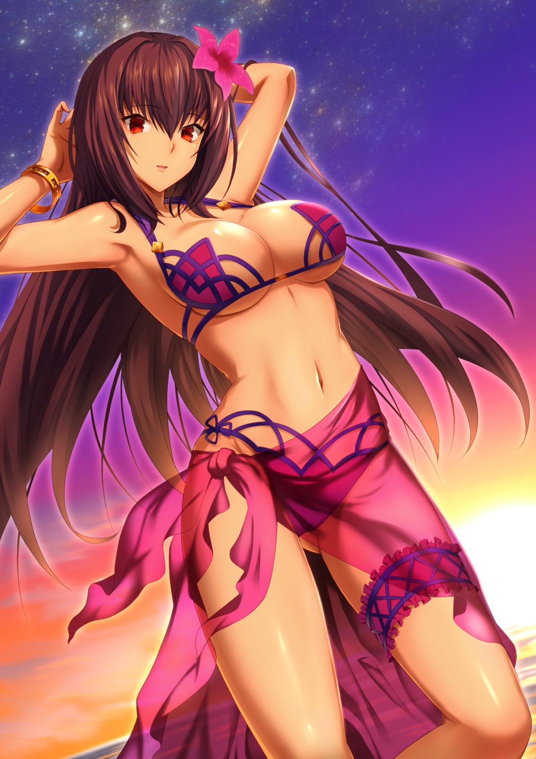 bikini cleavage emanon_123 fate/grand_order garter scathach_(fate/grand_order) see_through swimsuits underboob