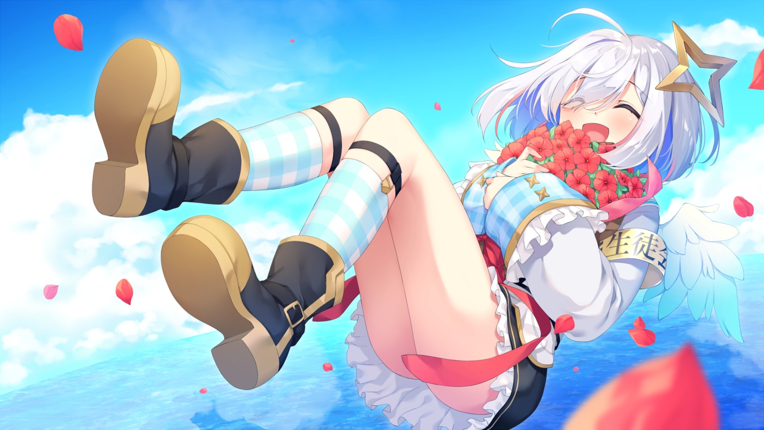 amane_kanata angel chiyonekoko hololive seifuku skirt_lift wallpaper wings