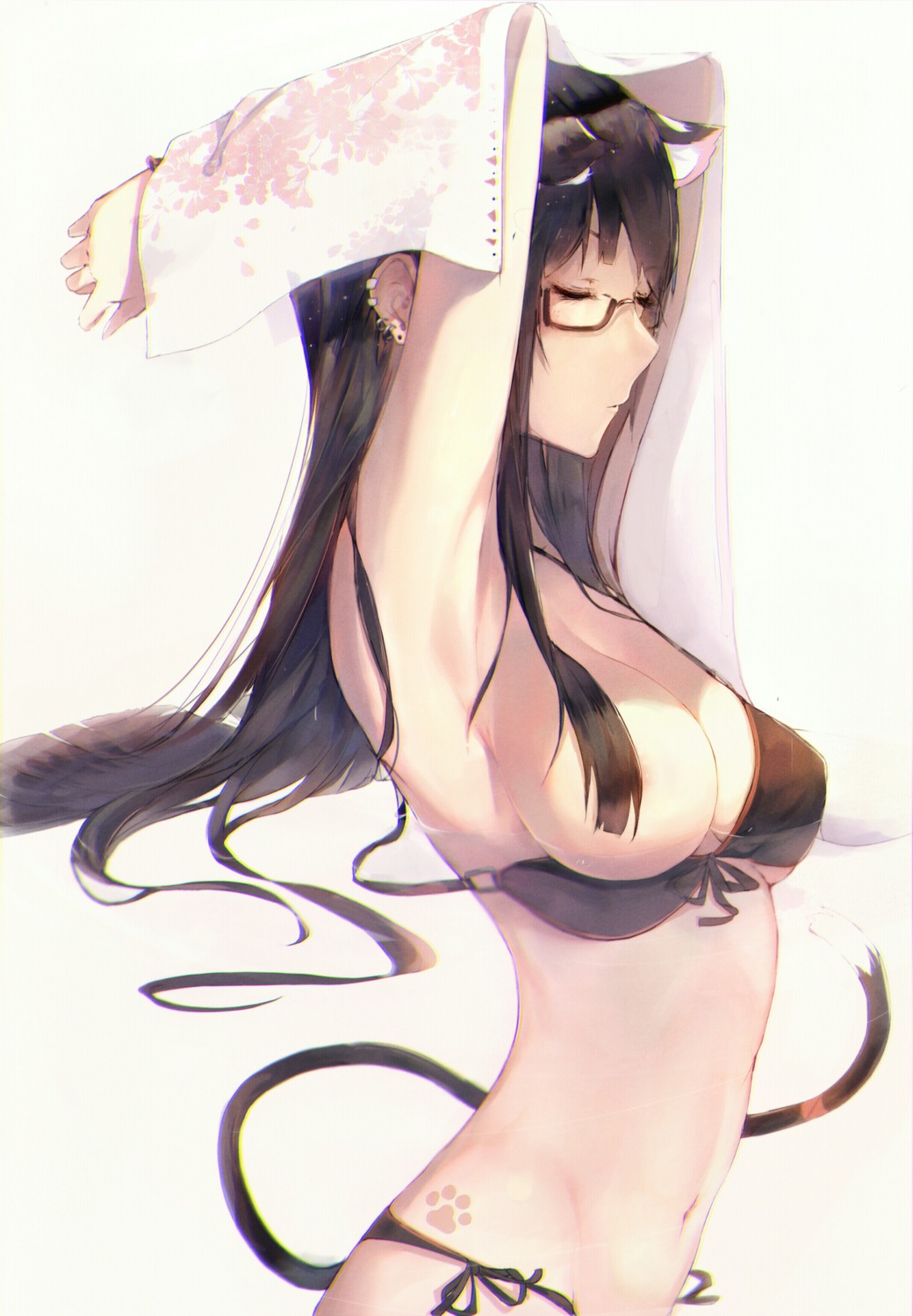 animal_ears bikini breasts hadean92 megane nipple_slip swimsuits tail towel