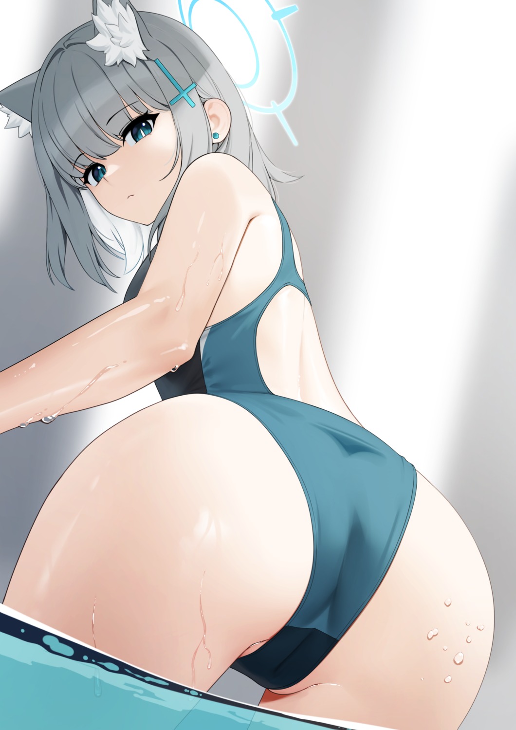 animal_ears ass blue_archive cameltoe ett halo nekomimi sunaookami_shiroko swimsuits wet