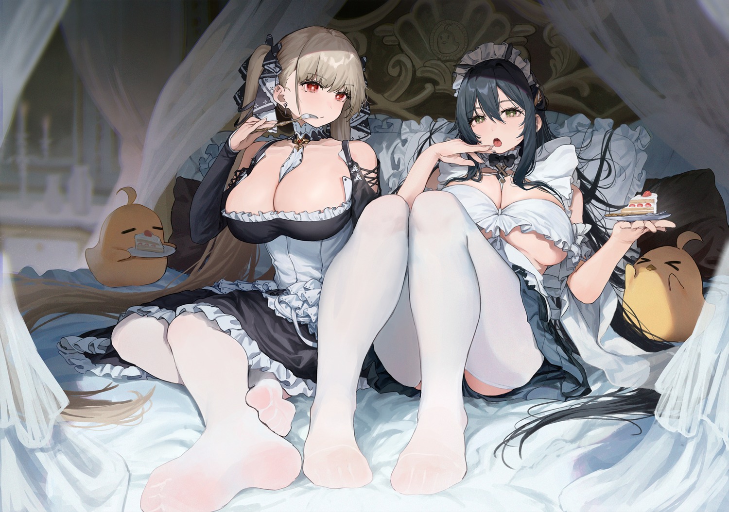 aochoku azur_lane feet formidable_(azur_lane) gothic_lolita indomitable_(azur_lane) lolita_fashion maid manjuu_(azur_lane) no_bra pantyhose