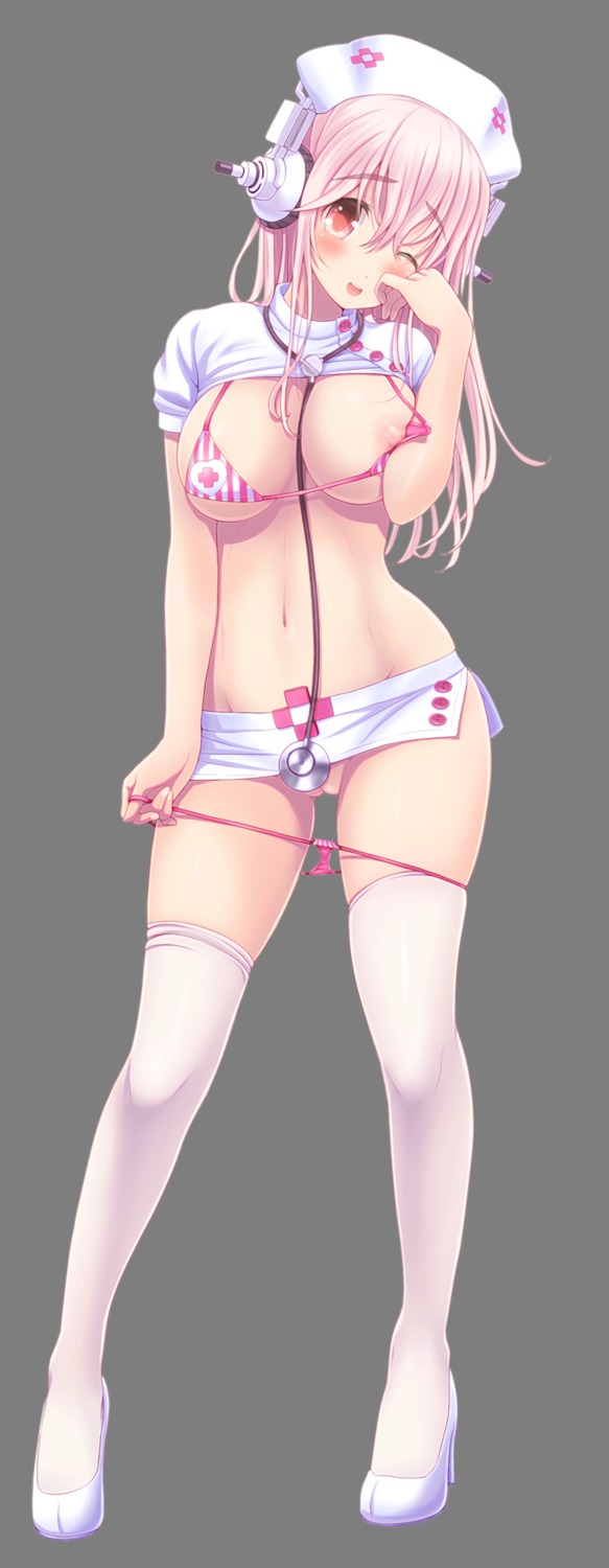 bikini breast_hold breasts headphones heels nipples nurse panty_pull shirt_lift sonico super_sonico swimsuits thighhighs transparent_png uncensored undressing