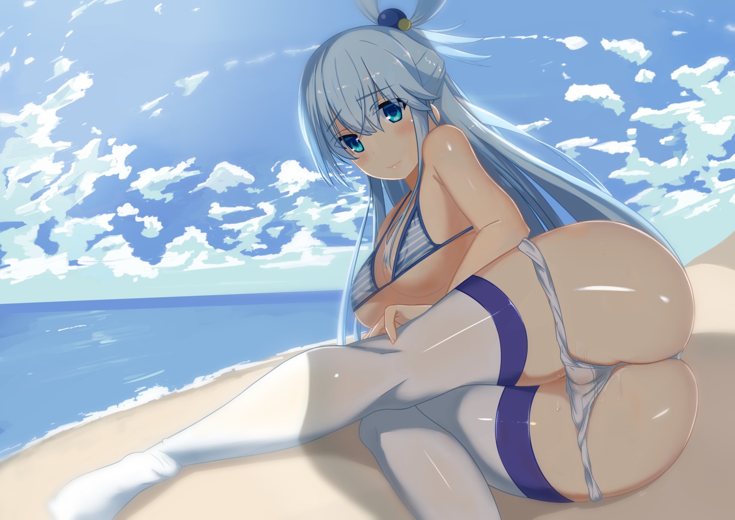 aqua_(konosuba) ass bikini cleavage haku89 kono_subarashii_sekai_ni_shukufuku_wo! panty_pull swimsuits thighhighs underboob