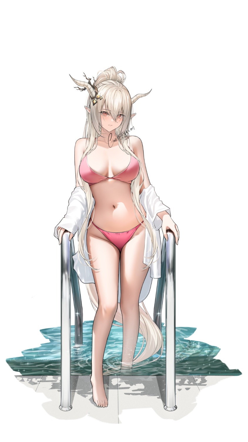 arknights bikini cleavage horns open_shirt pointy_ears shining_(arknights) shizuko_hideyoshi swimsuits wet