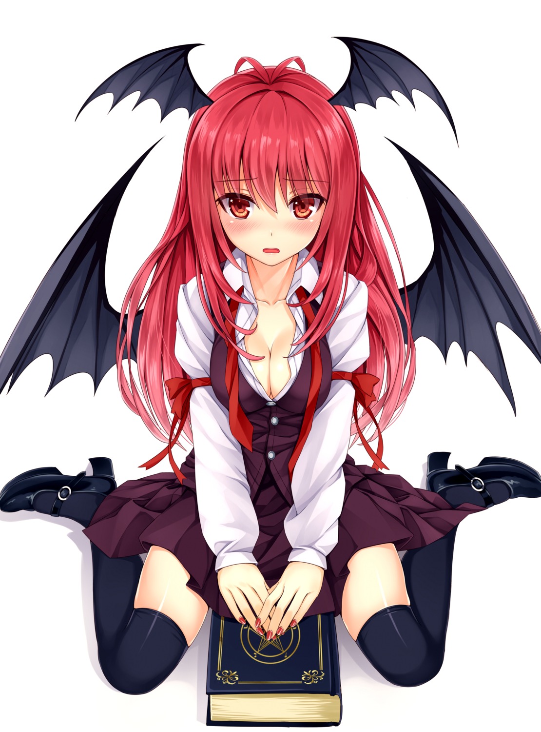 cleavage heels kitou_kaitai koakuma open_shirt seifuku thighhighs touhou wings