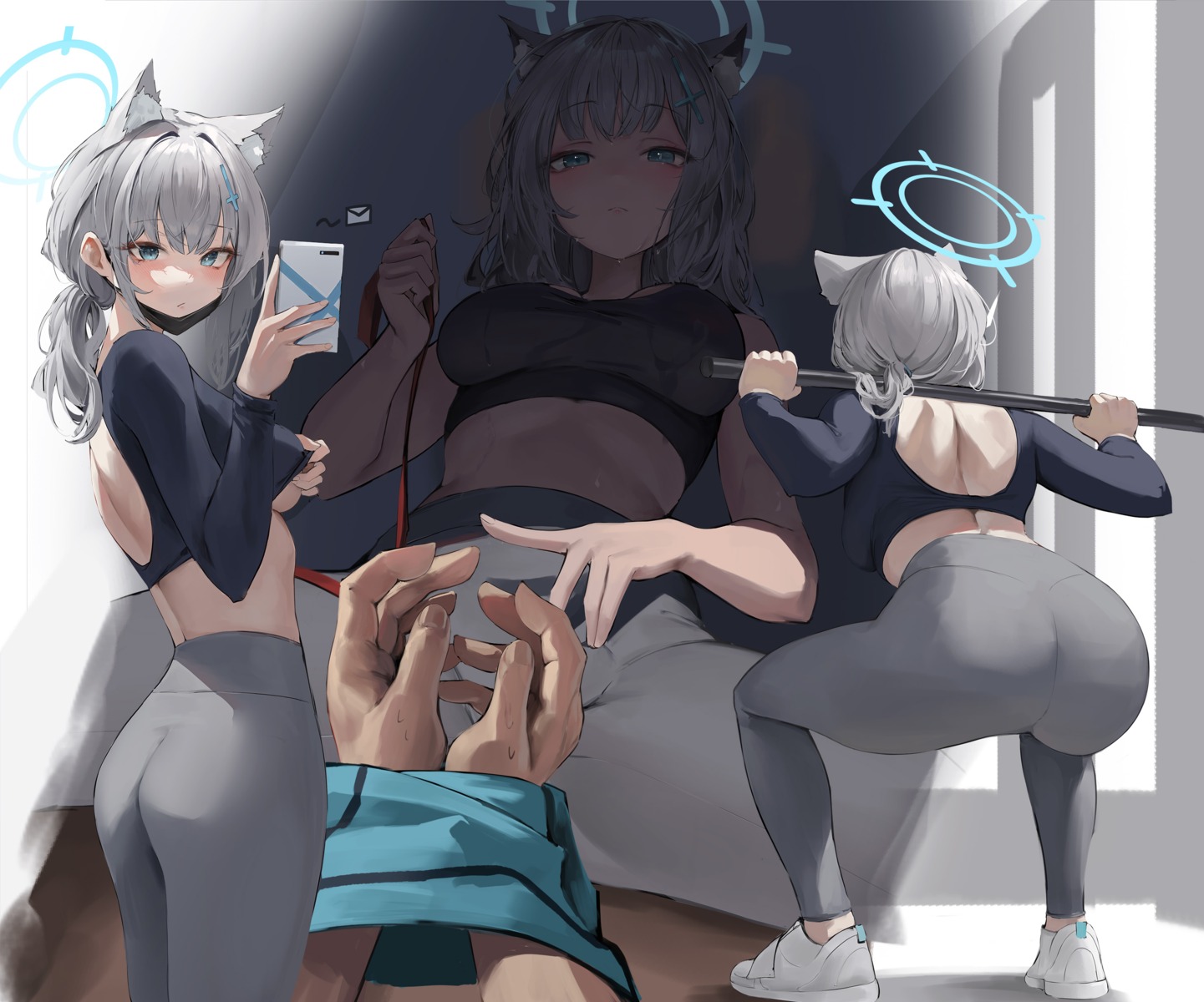 animal_ears ass blue_archive bondage bra halo hiki_niito nekomimi no_bra selfie shirt_lift sunaookami_shiroko undressing