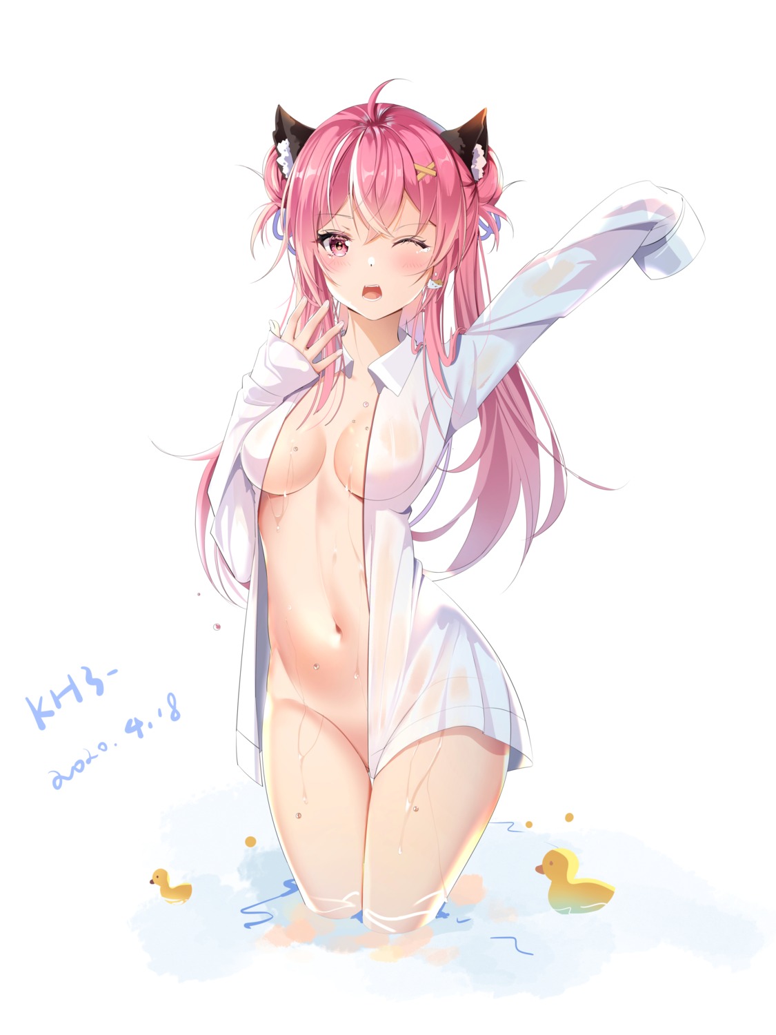 animal_ears bottomless dress_shirt miaogujun nekomimi no_bra open_shirt see_through wet wet_clothes