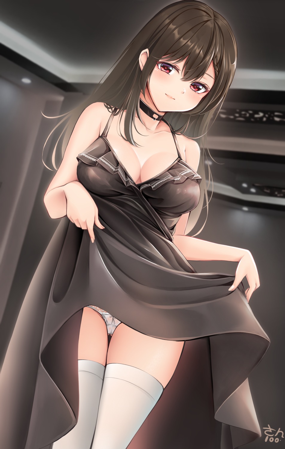 dress no_bra pantsu skirt_lift tagme thighhighs