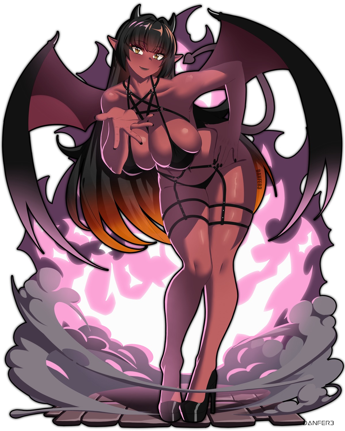 bikini danfer3 devil garter heels horns pointy_ears swimsuits tail wings