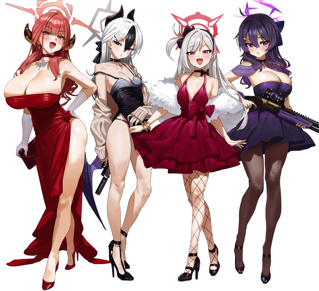 asagi_mutsuki blue_archive devil dress feipin_zhanshi fishnets gun halo heels horns igusa_haruka no_bra onikata_kayoko pantsu pantyhose pointy_ears rikuhachima_aru see_through skirt_lift sweater wings