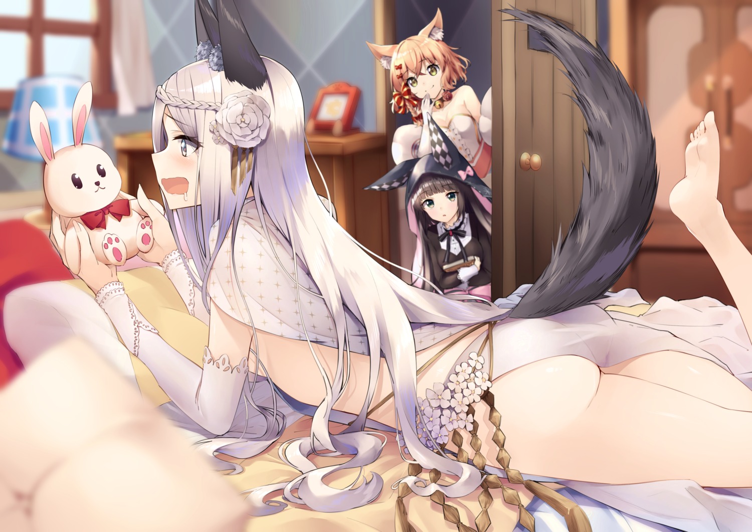 animal_ears ass dress feet megurumiru no_bra nopan see_through skirt_lift tail