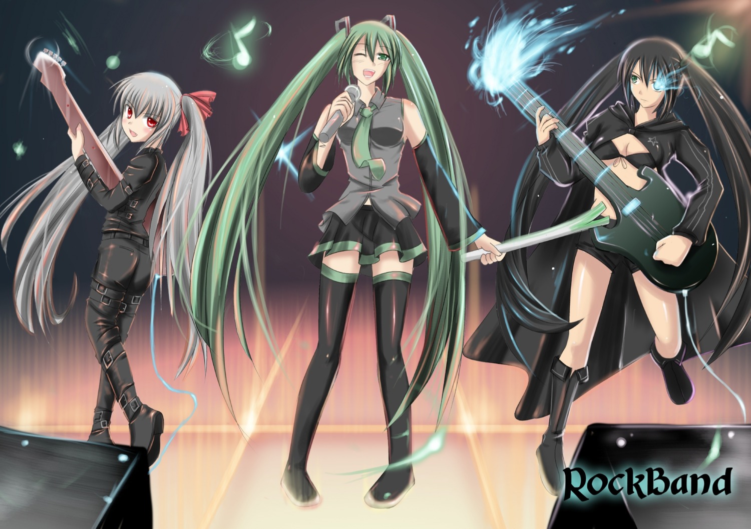 black_rock_shooter black_rock_shooter_(character) crossover guitar hatsune_miku thighhighs vocaloid