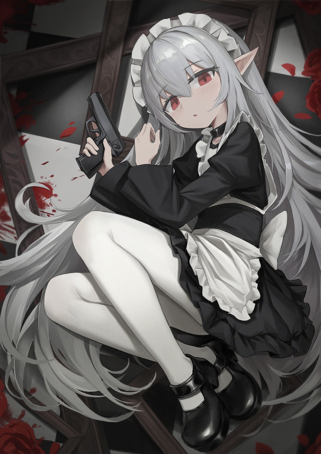 blood gun maid pantyhose pointy_ears skirt_lift ye_yemail