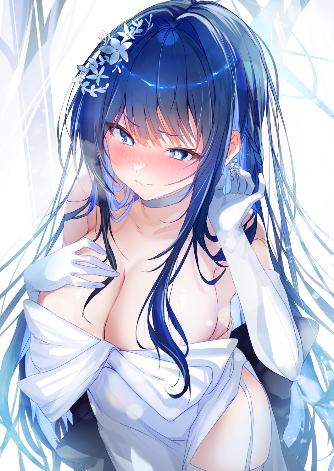 blue_archive dress halo joumae_saori nenobi_(nenorium) no_bra stockings thighhighs