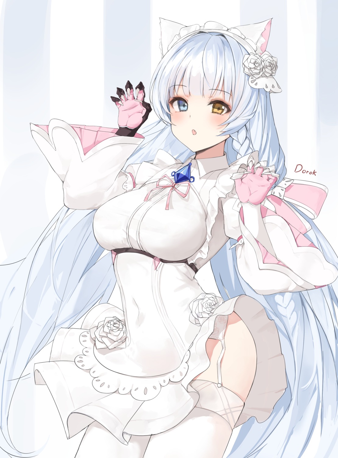 animal_ears dorok dress heterochromia last_origin nekomimi skirt_lift stockings thighhighs