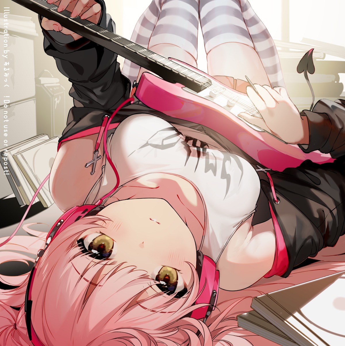 al_mican guitar headphones skirt_lift tail thighhighs