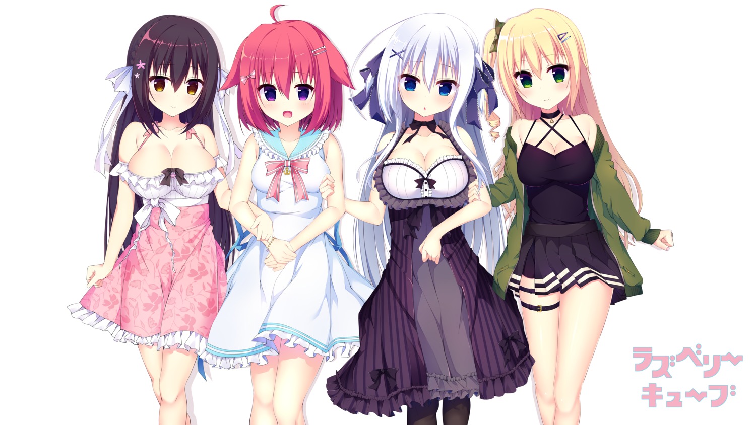 animal_ears cleavage dress garter kaidou_mikoto kanou_minato no_bra otaku_heishi raspberry_cube sakuraba_victoria_ruri yuzuki_yuu