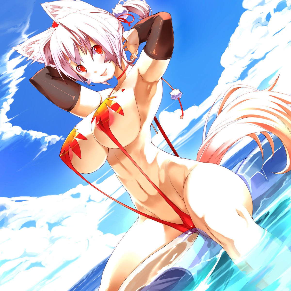 animal_ears areola bikini cameltoe cleavage erect_nipples inubashiri_momiji karochii sling_bikini swimsuits tail touhou