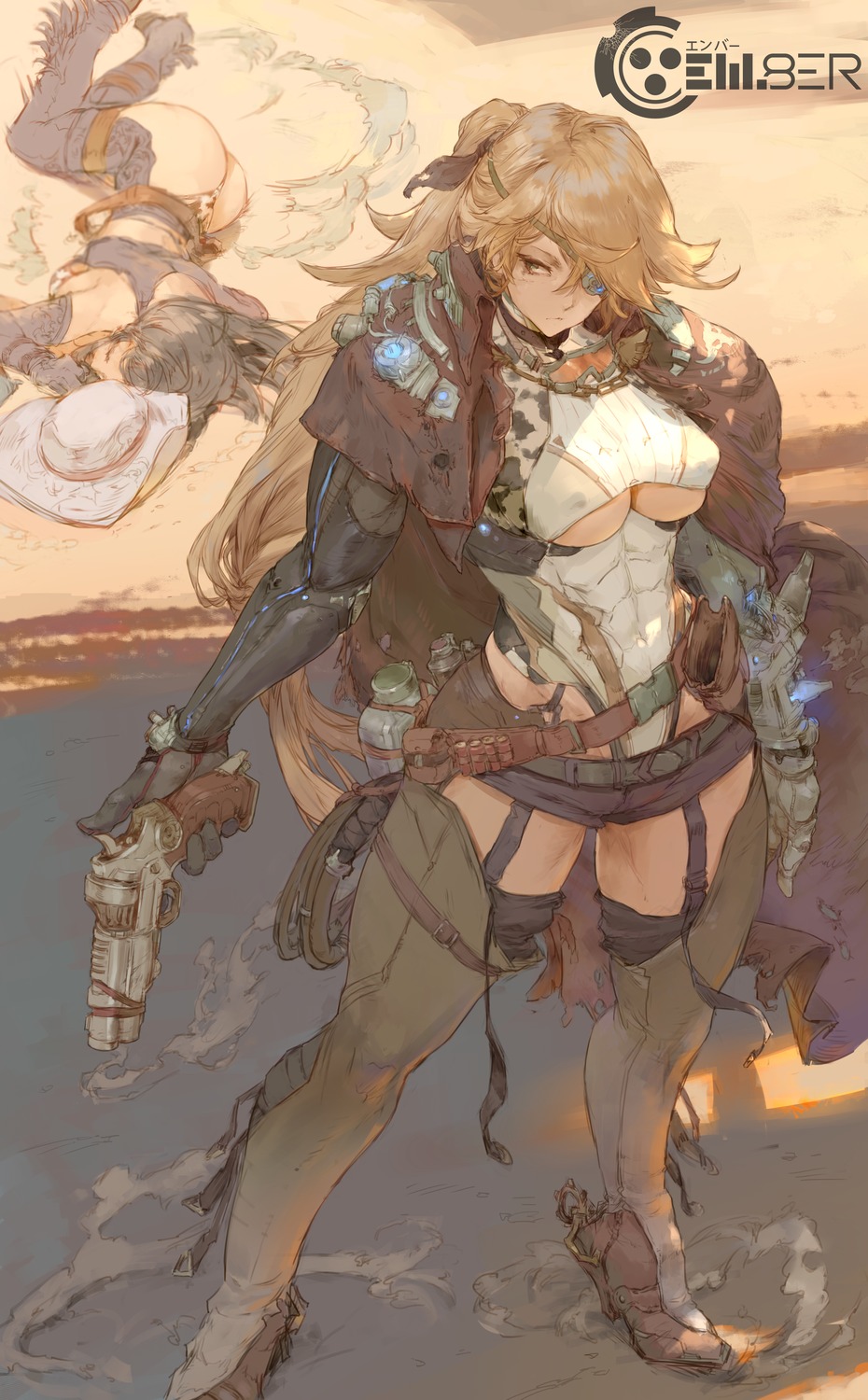 armor ass cutesexyrobutts em8er erect_nipples gun heels no_bra stockings thighhighs underboob