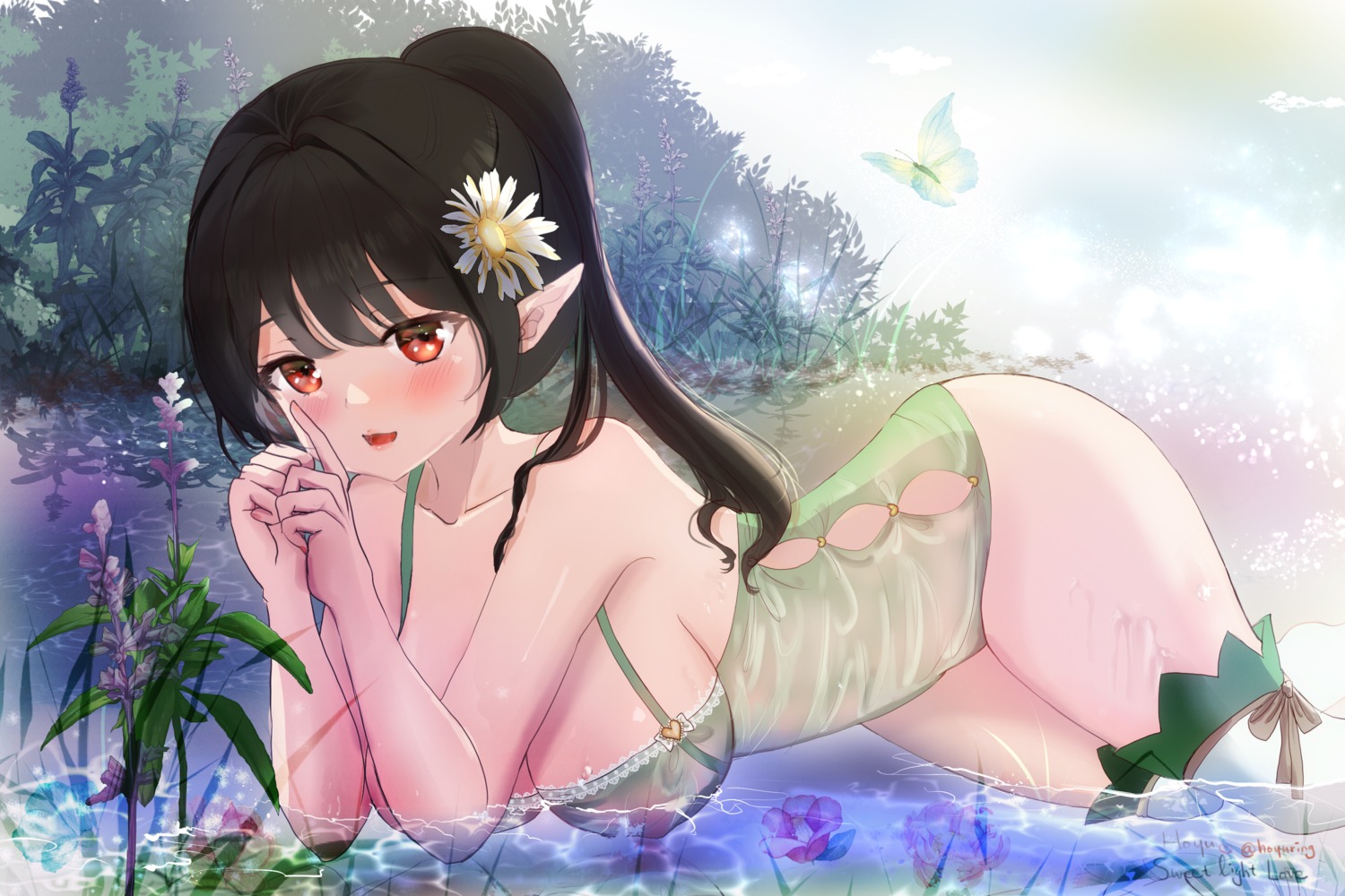 hoyuring pointy_ears see_through swimsuits thighhighs wet wet_clothes